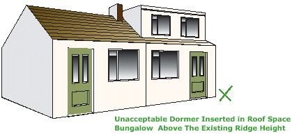 Unacceptable dormer inserted in roof space bungalow above the existing ridge height