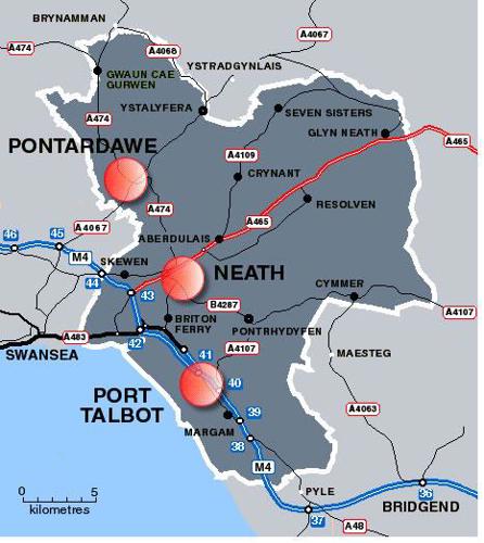 Map of Neath Port Talbot with the principal towns of Neath, Port Talbot and Pontardawe highlighted